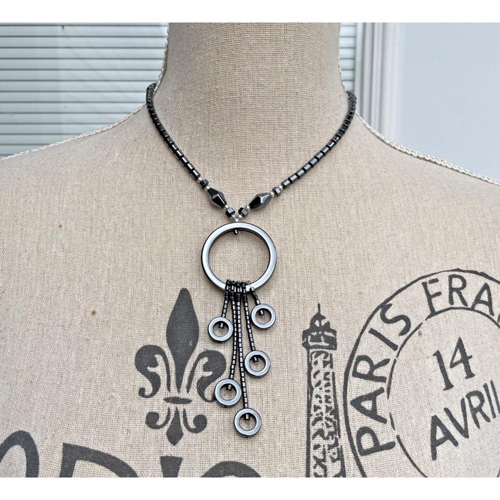 Charcoal Gray Necklace Circe Pendant Dangle Fringe Boho 16"